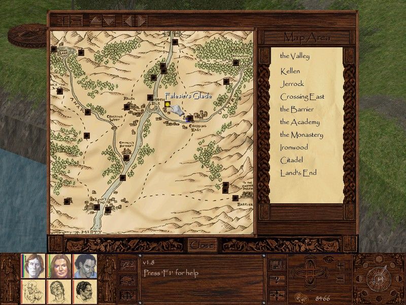 Pyrrhic Tales: Prelude to Darkness (Windows) screenshot: The world map. In most cases clicking on the square icons allows you to quick-travel to that location. You must have already visited the location though.