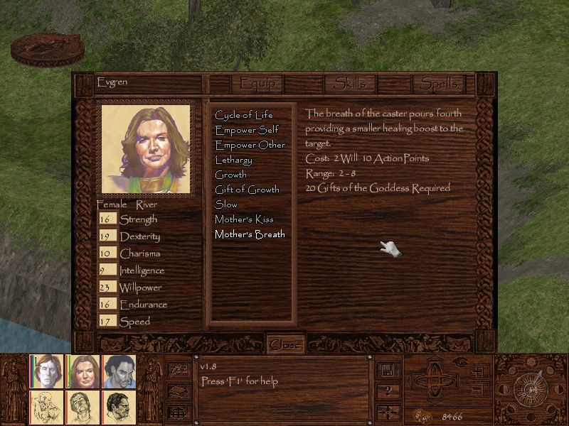 Pyrrhic Tales: Prelude to Darkness (Windows) screenshot: Spells. Spells have a set range, and consume action points and mana (or "will", if a healer). In this case, 20 levels in the Gifts of the Goddess skill are also required before you may cast the spell.