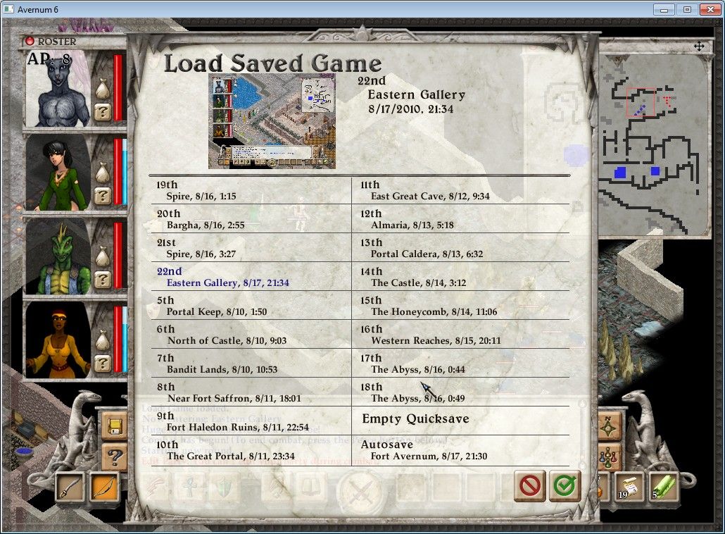 Avernum 6 (Windows) screenshot: The Load Save Game screen. Save slots fill up quickly, so you have to reuse some of the early ones as you progress further into the game.