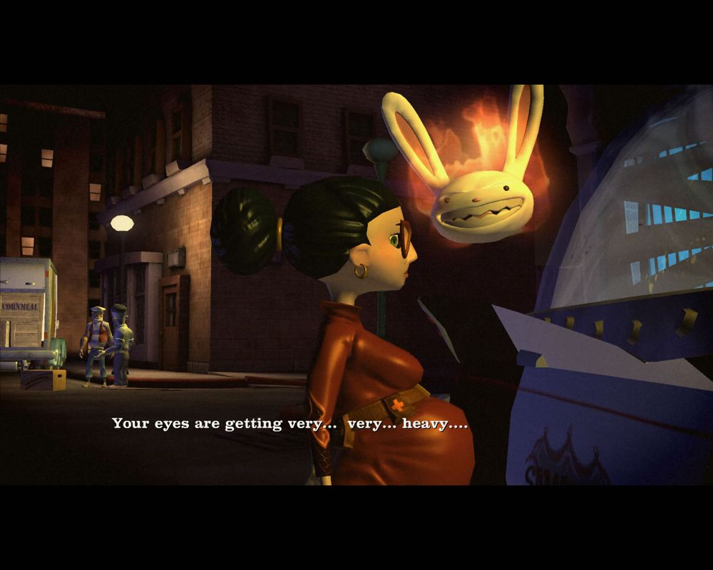 Sam & Max 305: The City That Dares Not Sleep (Windows) screenshot: Flying heads try to lure people into sleep