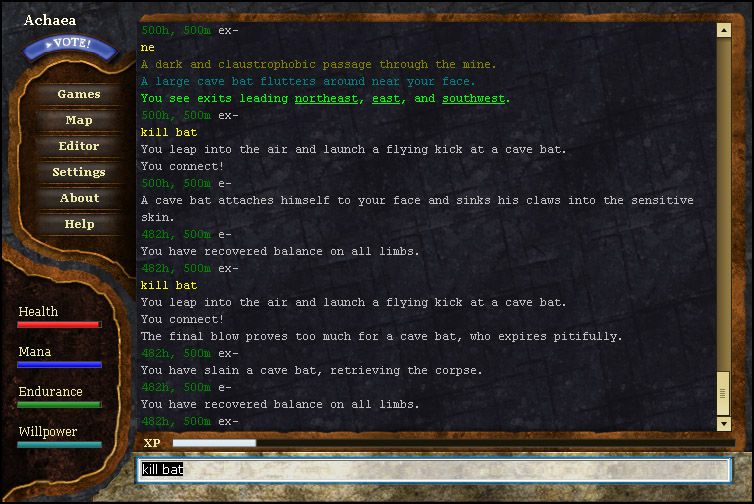 Achaea (Browser) screenshot: Killing a cave bat.
