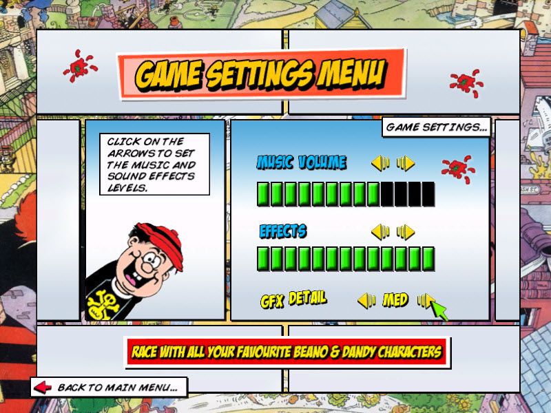 Beanotown Racing (Windows) screenshot: Game settings. Controls are not configurable within the game. There's a separate program for that. The default resolution is 800 x 600. In this screen I changed it to 1024 x 768 which is the max