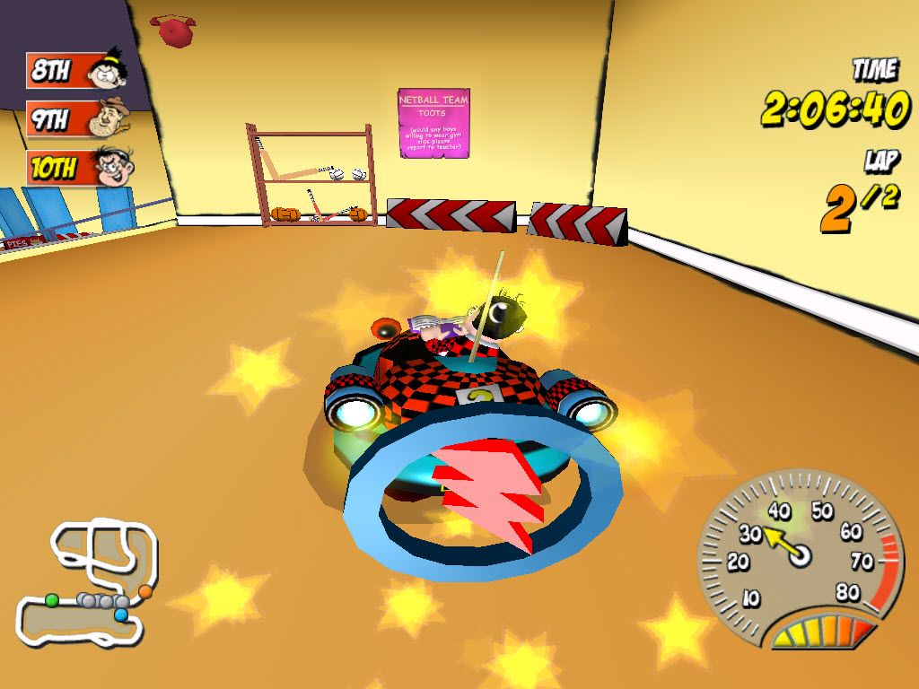 Beanotown Racing (Windows) screenshot: Picked up a power boost just before the sharp left hand turn down the stairs and through the gym