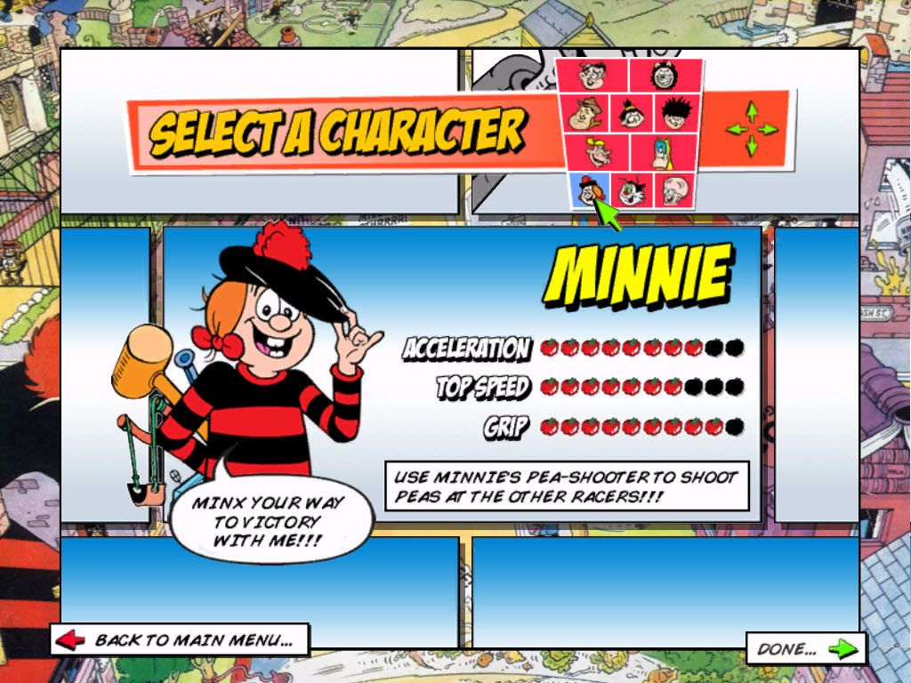 Beanotown Racing (Windows) screenshot: Each character has different performance characteristics