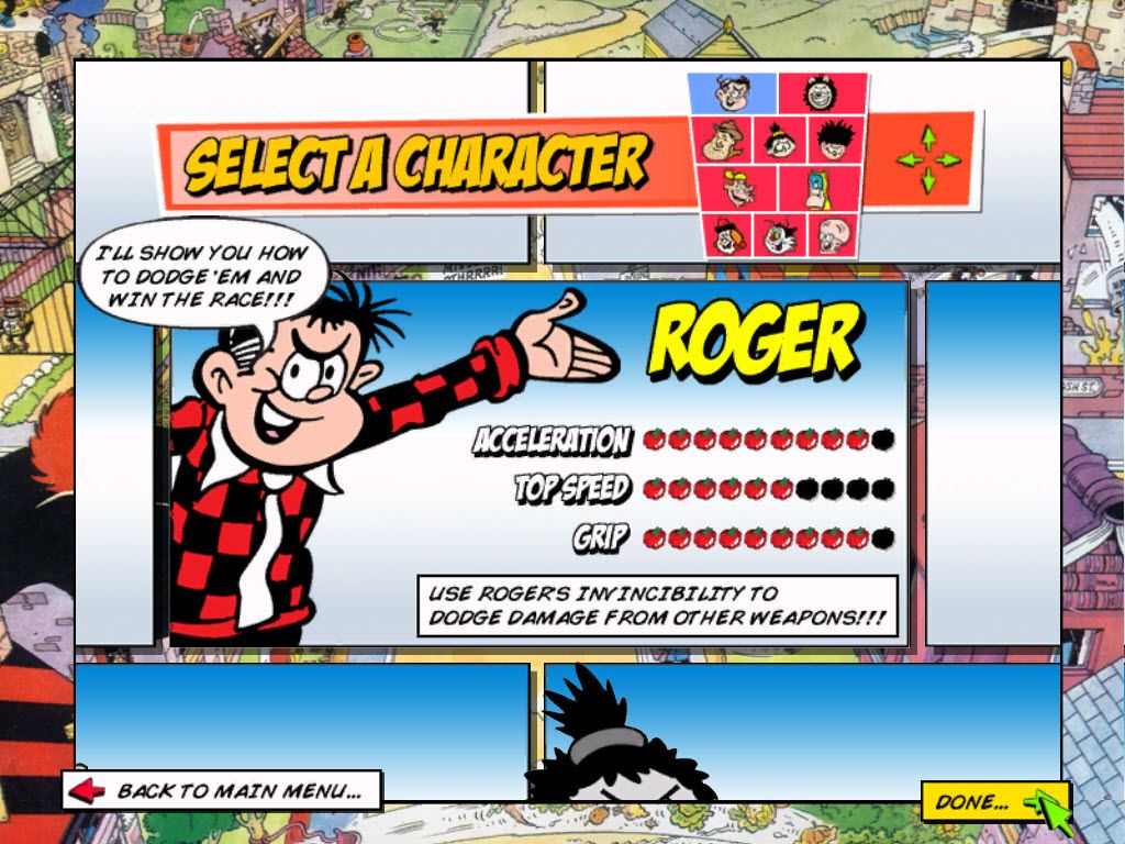 Beanotown Racing (Windows) screenshot: Racing again as Rodger, note the different performance characteristics