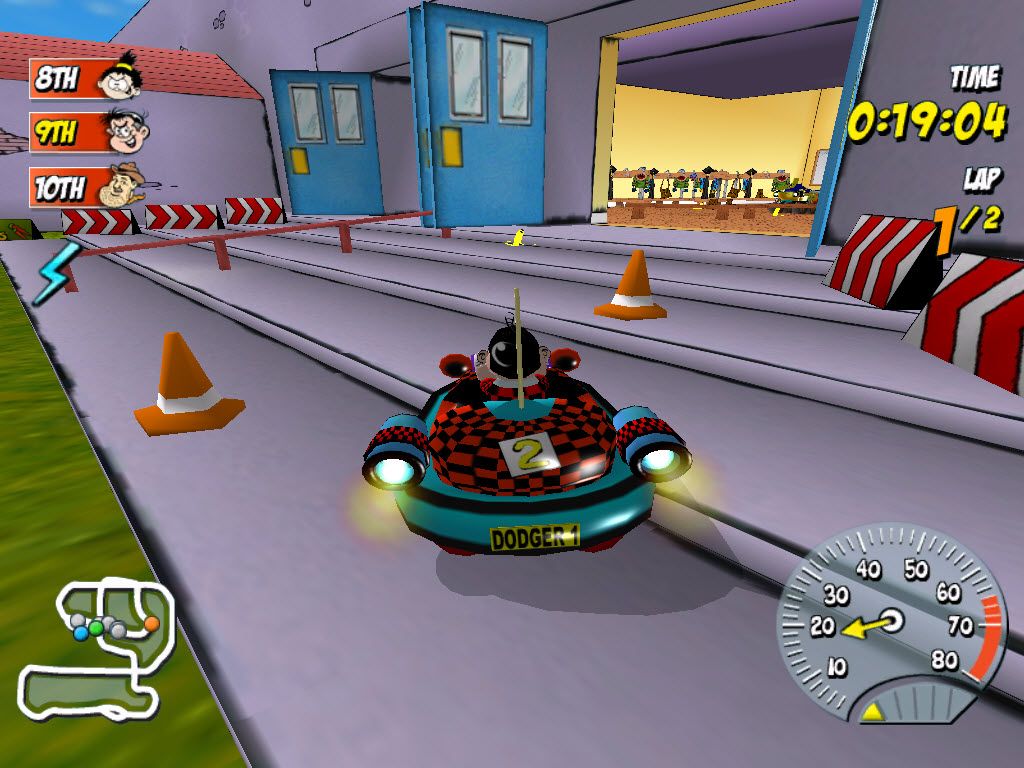 Beanotown Racing (Windows) screenshot: Roger drives a different car. Its a different track too - this one goes through the school. Roger has a lightning zapper ready to fire
