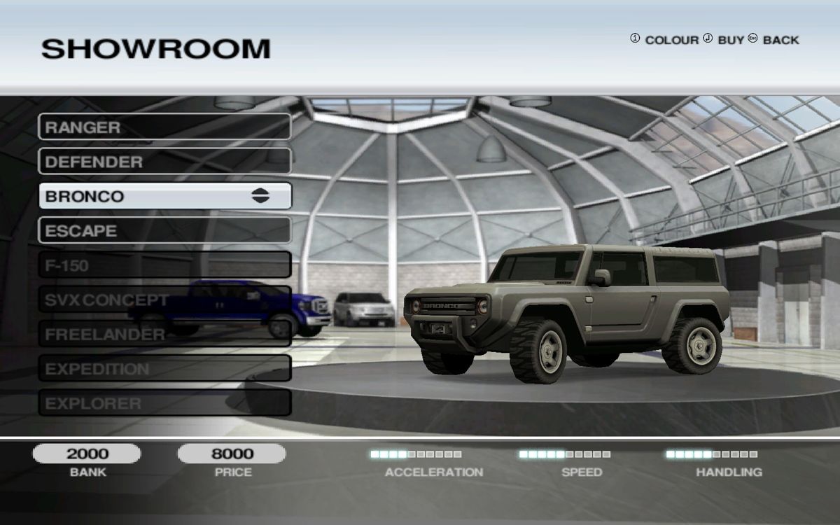 Ford Racing Off Road (Windows) screenshot: Before we race, we need a vehicle. Where do we find them? In the "Showroom"...