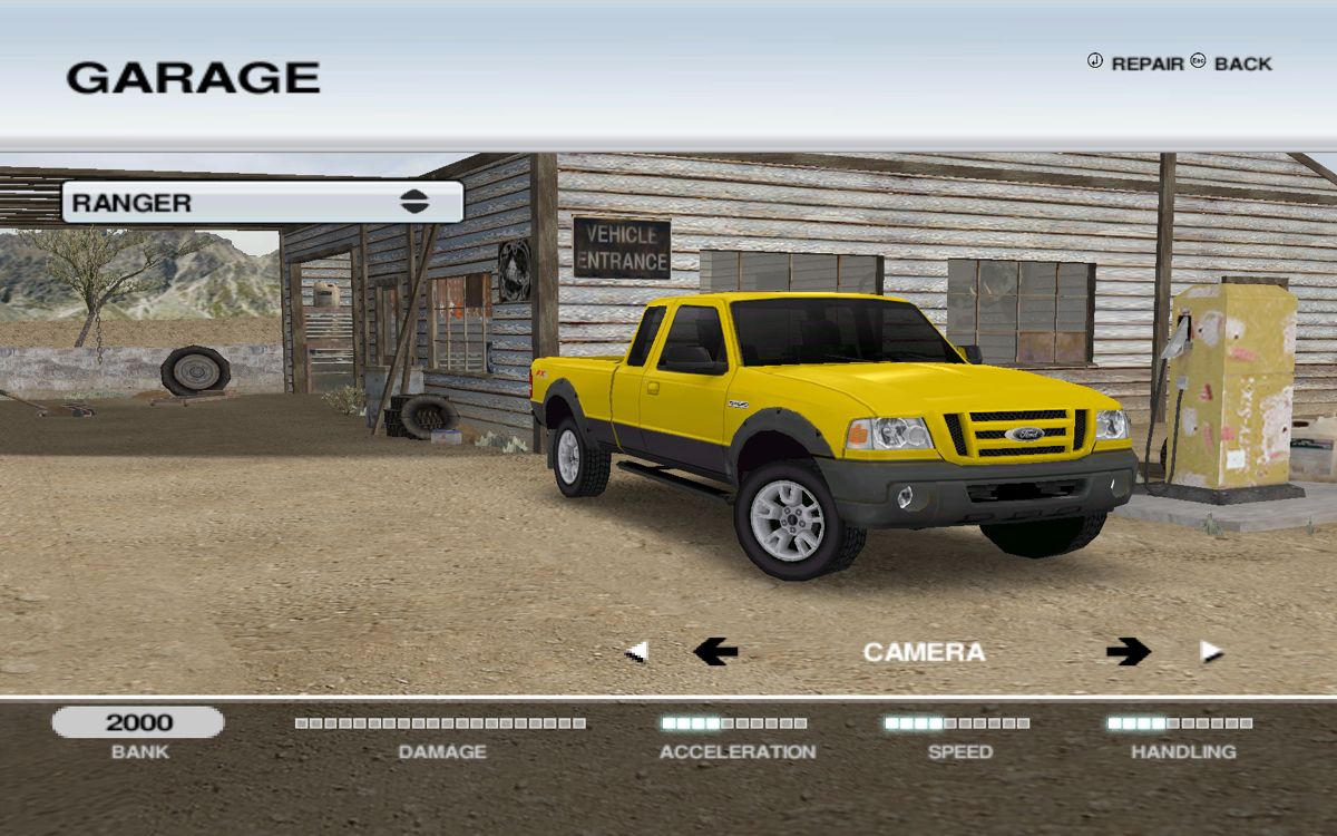 Ford Racing Off Road (Windows) screenshot: After buying a vehicle, it's stored at our garage. As usual, we begin with few money and weak vehicles.