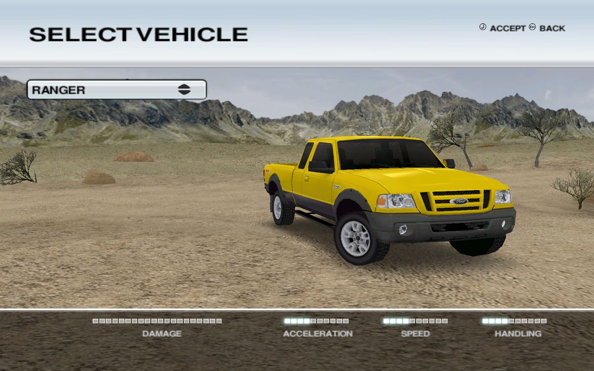 Ford Racing Off Road (Windows) screenshot: ...and allows us to choose one of our (currently only one) vehicle to compete.