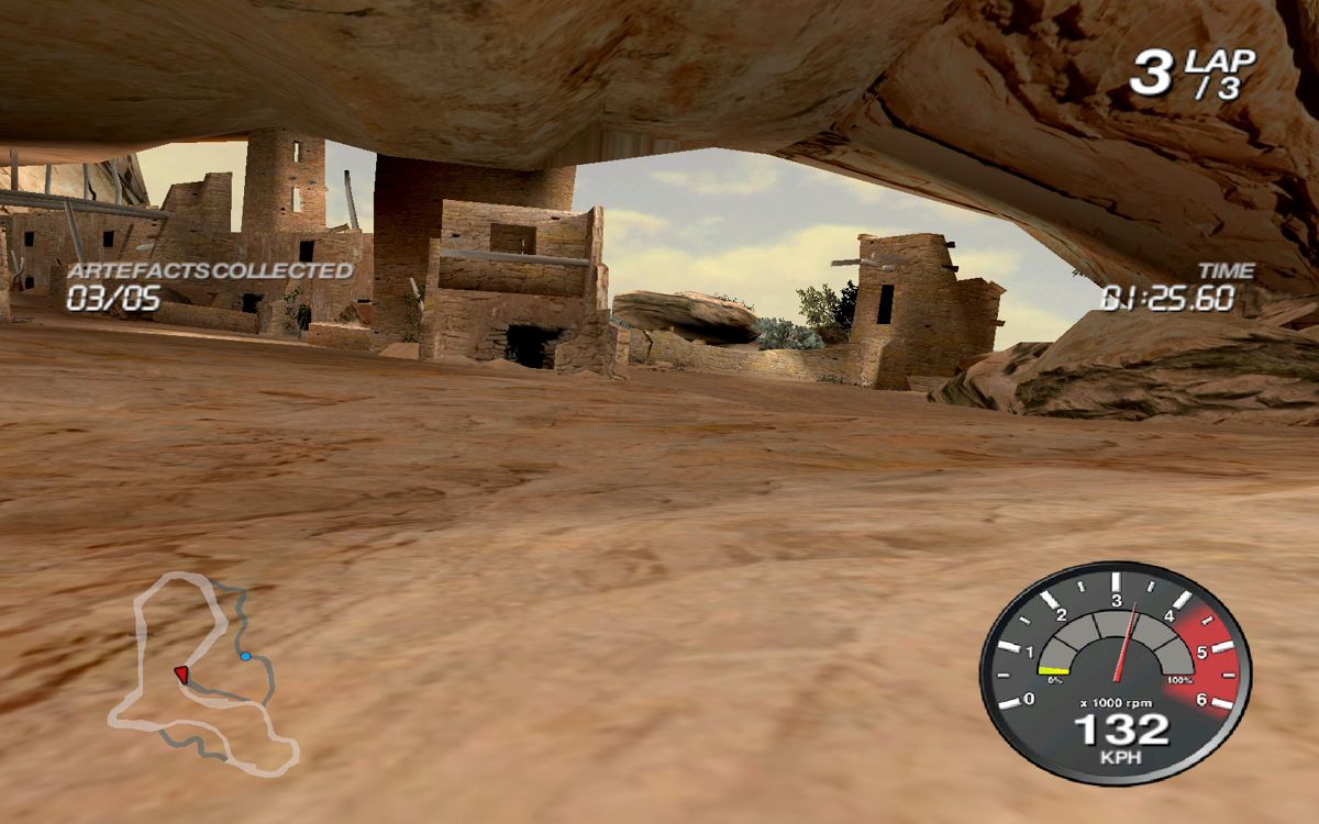 Ford Racing Off Road (Windows) screenshot: Nice scenery. Try to do it fast without hitting the houses.