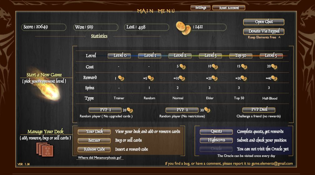Elements (Browser) screenshot: Main menu. Note computer opponents of various skill