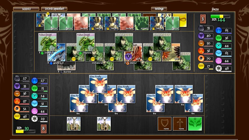 Elements (Browser) screenshot: Game field during endgame: my opponent in the top row. I was experimenting with a certain strategy...