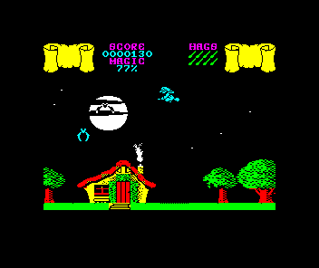 Cauldron (ZX Spectrum) screenshot: Lining up to shoot those bats