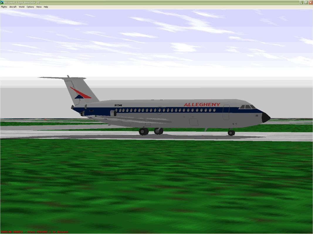 VIP Classic Airliners 2000 (Windows) screenshot: This is the BAC 1-11 200 in Allegheny livery on the runway at Forth Worth International airport, Dallas, USA Microsoft Flight Simulator 98