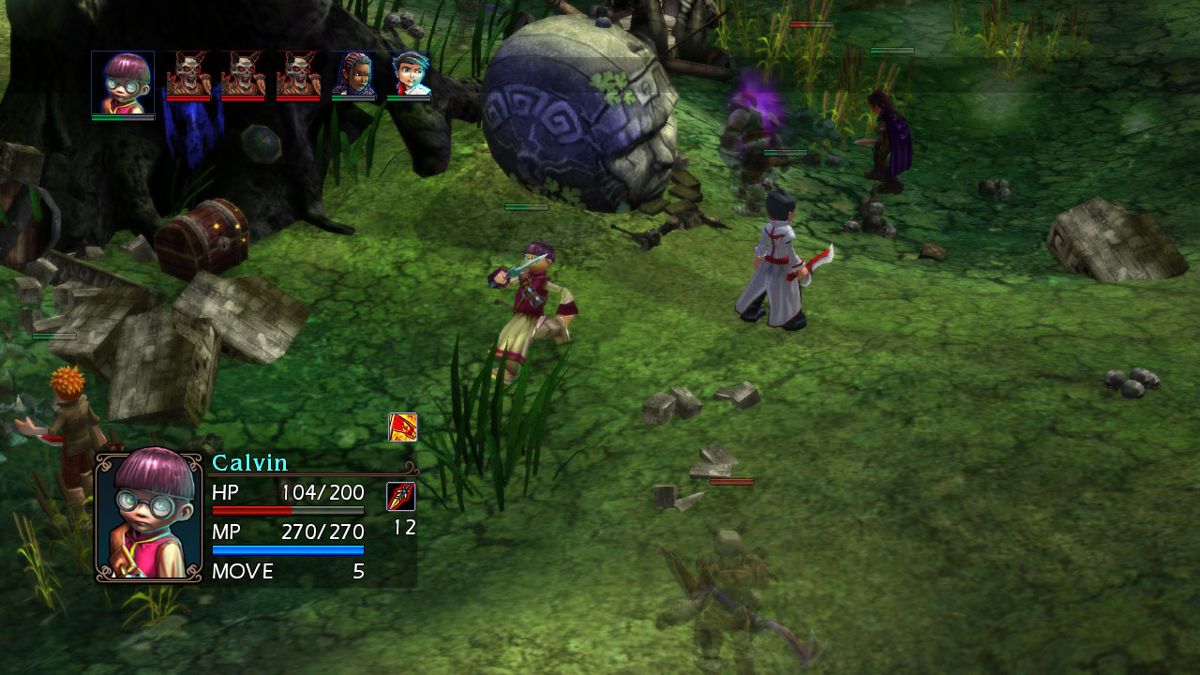 Vandal Hearts: Flames of Judgement (Xbox 360) screenshot: Calvin flees, spaces away, during battle.