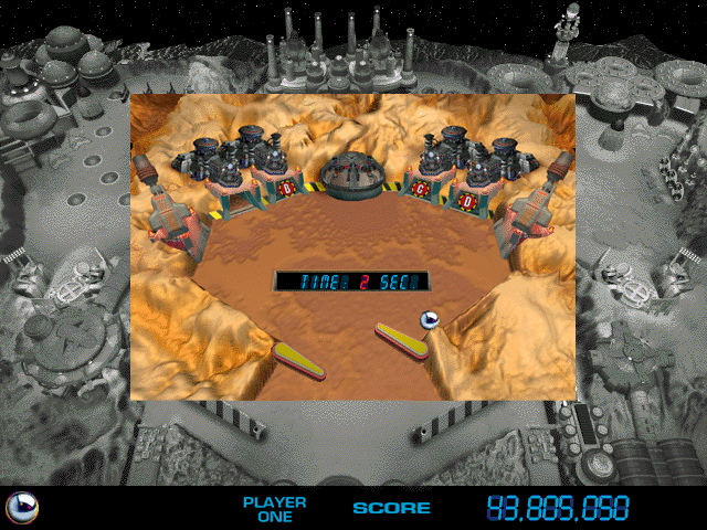 3-D Ultra Pinball (Macintosh) screenshot: Hitting bonus building enters hidden level inside colony