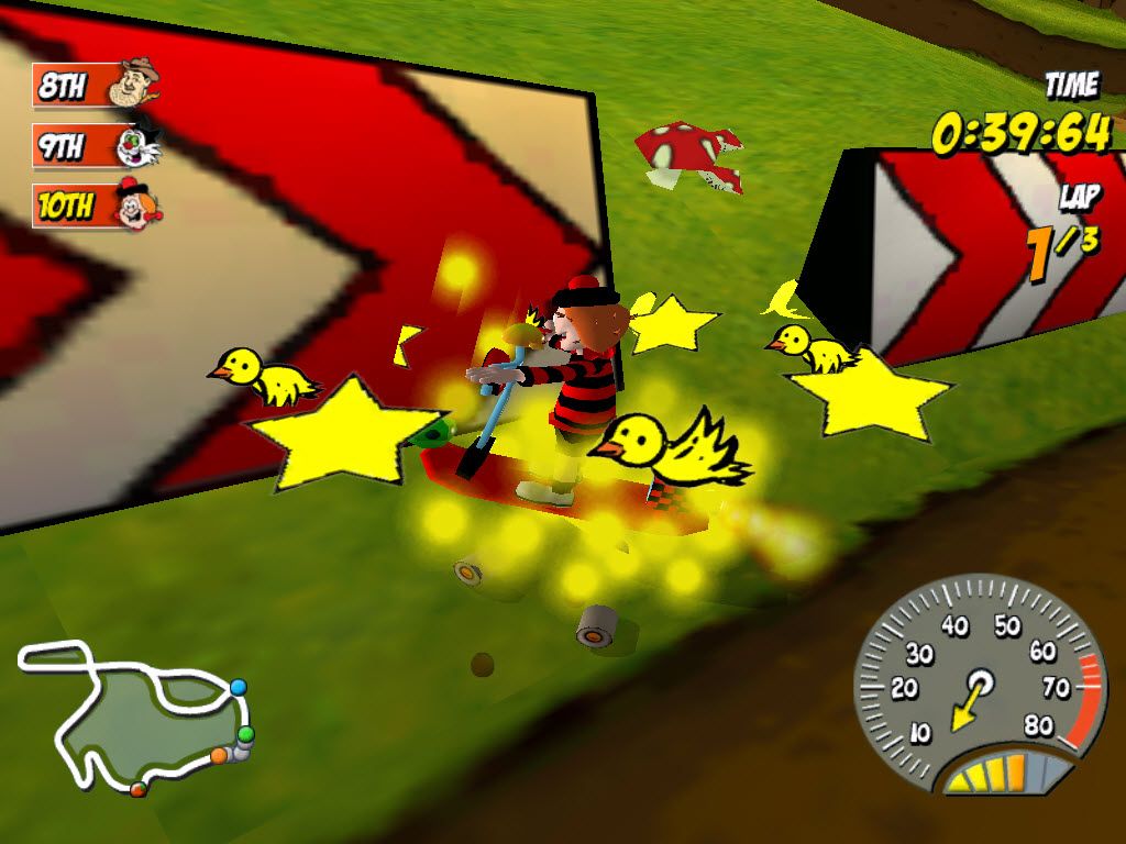 Beanotown Racing (Windows) screenshot: Other players leave hazards like mouse traps, and stinky gas. I hit a banana and then hit the wall