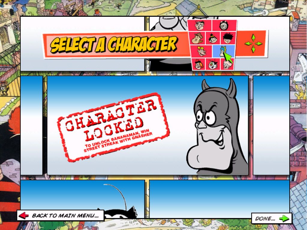 Beanotown Racing (Windows) screenshot: Some characters, Desperate Dan, Brain, Bananaman, & Gnasher are locked