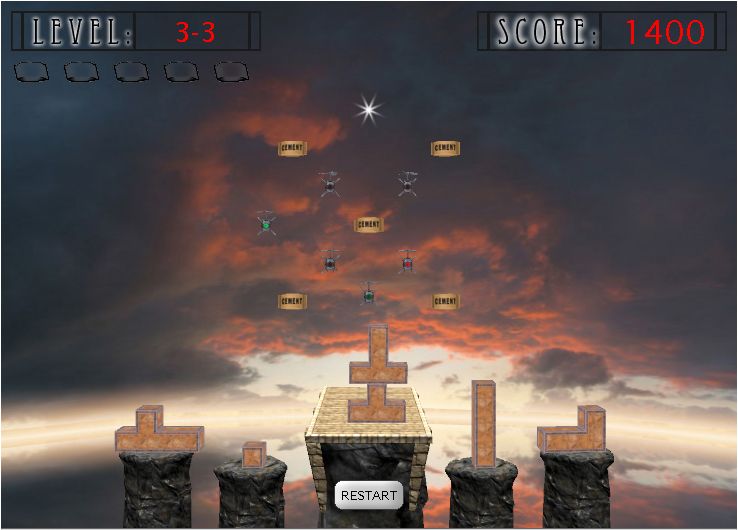 Cement Tower (Browser) screenshot: Level 3-3. You can grab spare cement pickups to add to your cement meter.