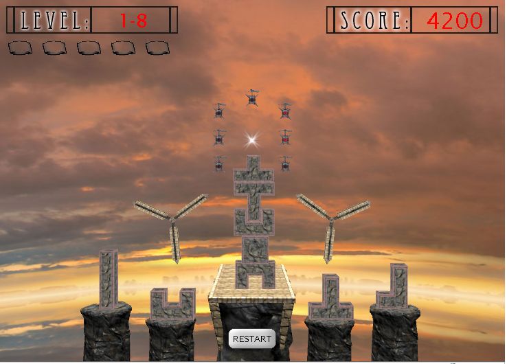 Cement Tower (Browser) screenshot: Level 1-8. Early levels introduce you to hazards like spinners and floating mines.