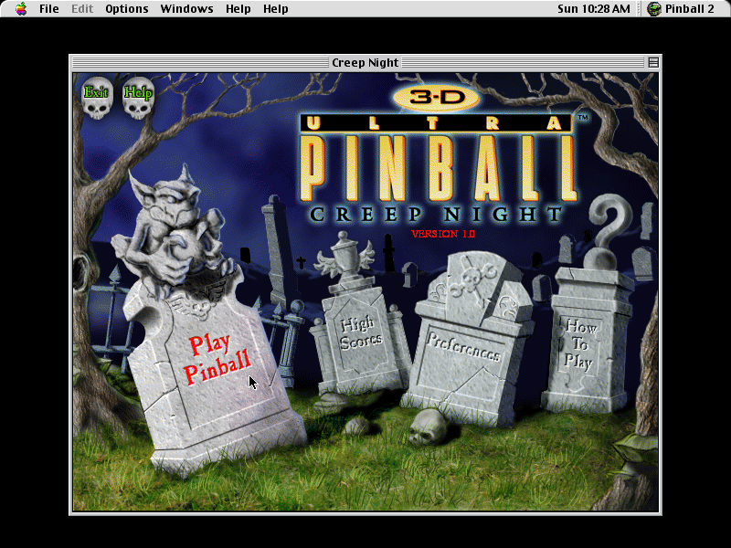 3-D Ultra Pinball: Creep Night (Macintosh) screenshot: Game load and main menu
