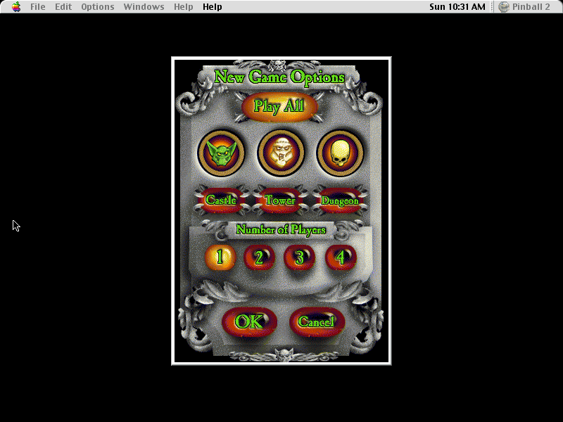 3-D Ultra Pinball: Creep Night (Macintosh) screenshot: New game options for which level and number players