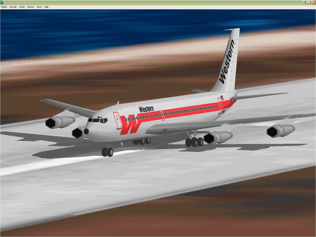 VIP Ultimate Classic Wings: The Collection (Windows) screenshot: This is the Boeing 720-047B variant in Western airline's livery on the runway at Megis Field, USA. Flight Simulator 98