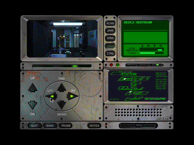 Iron Helix (Macintosh) screenshot: Deck 2 restroom looking at my probes reflection in the mirror