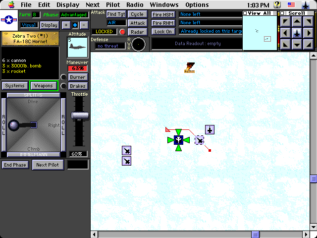 Flight Commander (Macintosh) screenshot: Remaining Mig splits the F-18 flight
