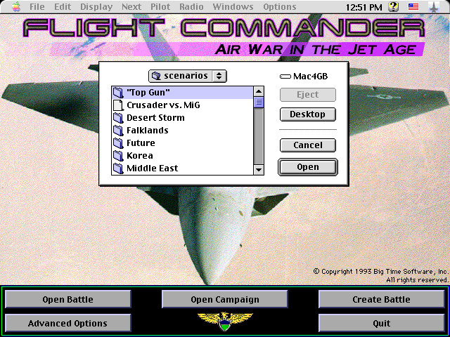 Flight Commander (Macintosh) screenshot: Several scenarios to choose from