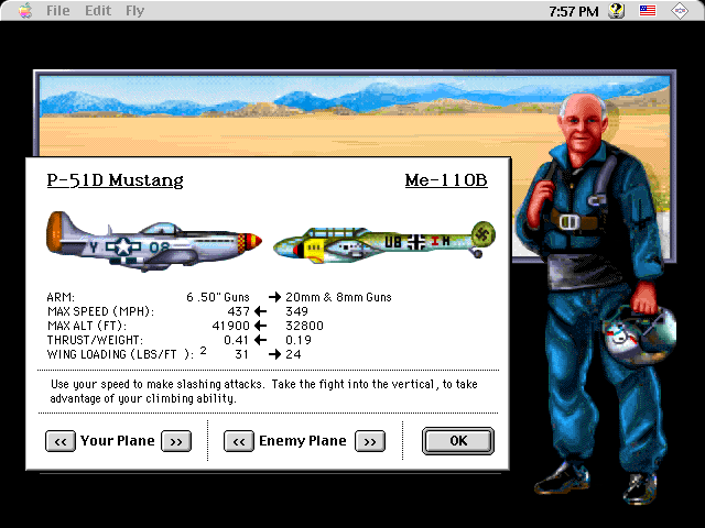 Chuck Yeager's Air Combat (Macintosh) screenshot: Shows performance stats before mission to help you plan tactics and strategy
