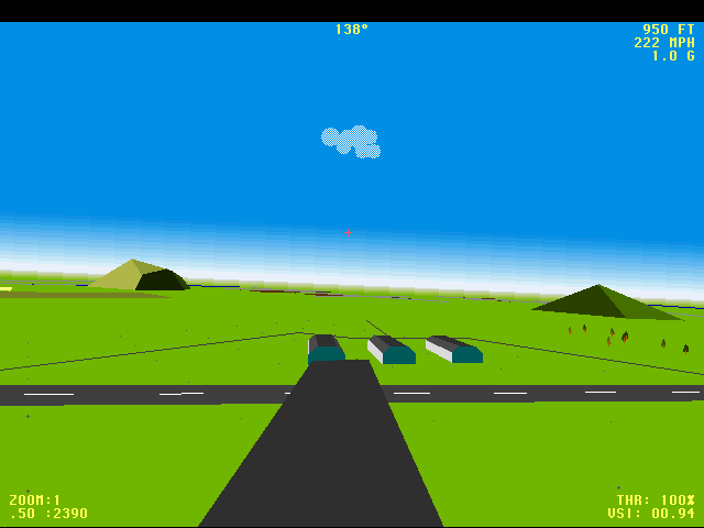 Chuck Yeager's Air Combat (Macintosh) screenshot: Looking down on airfield from left wing view