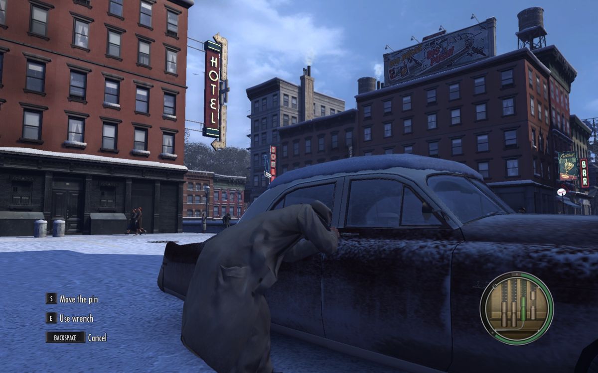 Mafia II (Windows) screenshot: Picking the lock of a car. Same mini-game applies to door locks too.