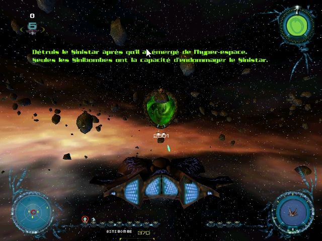 Sinistar: Unleashed (Windows) screenshot: Just a little reminder, in case you forgot you had to destroy the Sinistar after he comes throug the gate