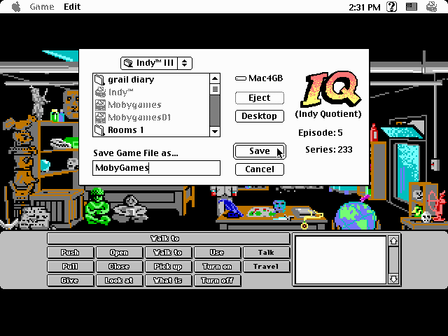 Indiana Jones and the Last Crusade: The Graphic Adventure (Macintosh) screenshot: Game save