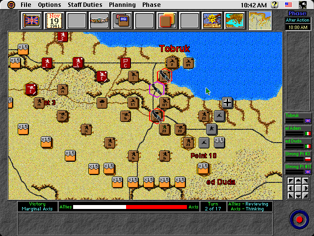Operation Crusader (Macintosh) screenshot: Begin turn based play and unit placement or movement