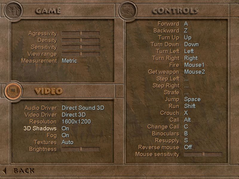 Carnivores: Ice Age (Windows) screenshot: The options screen. Simple and effective. The graphics can be handled by Glide, software or Direct 3D (this last one had problems on Windows 7) and can go up to 1600x1200.