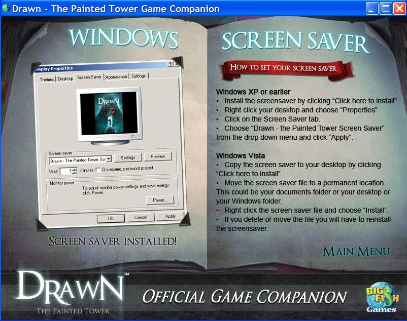 Drawn: The Painted Tower (Morrisons Edition) (Windows) screenshot: The Windows Screen Saver option