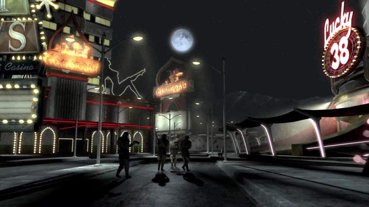 Fallout: New Vegas (Windows) screenshot: A shot of New Vegas from the pre-rendered introduction. Those faint blobs are NCR soldiers