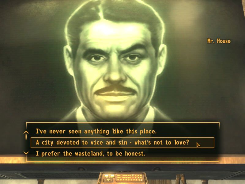 Fallout: New Vegas (Windows) screenshot: The fateful dialogue with Mr. House, the mysterious owner of the Strip. "Big Brother is watching you", that's the feeling I get here