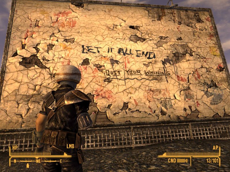Fallout: New Vegas (Windows) screenshot: Switching to third-person perspective. You'll stumble across many interesting and weird places on your quest...