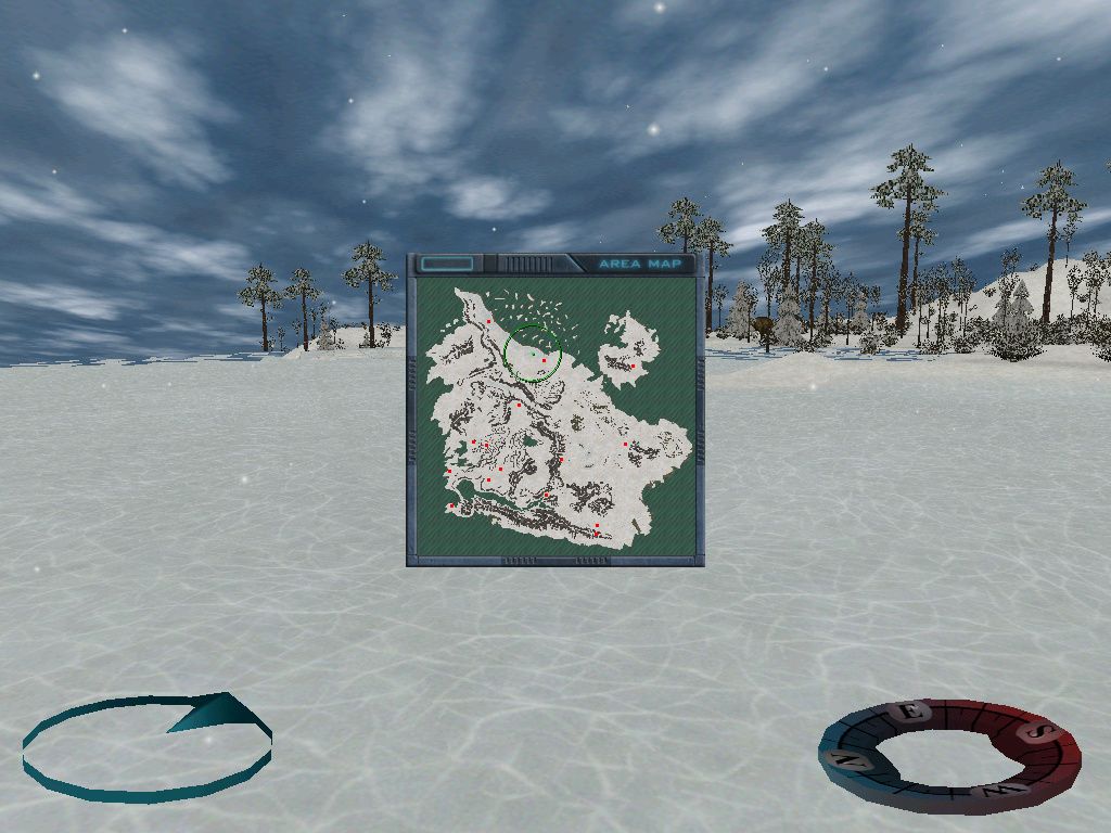 Carnivores: Ice Age (Windows) screenshot: Checking the map, again... There he is, in the forest!