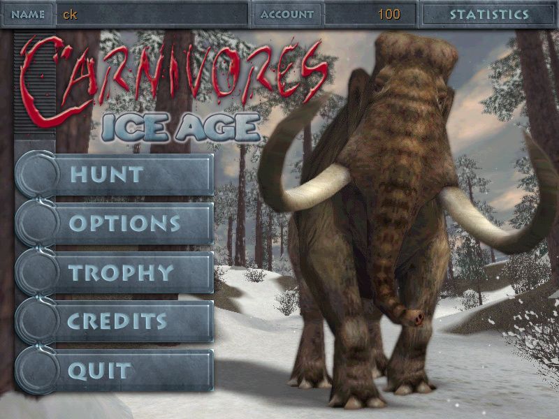 Carnivores: Ice Age (Windows) screenshot: The main options screen. The number shown in the account section is the amount of credits (money) you have.