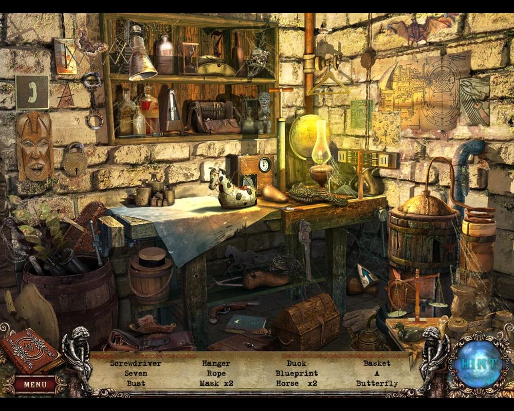 Fear for Sale: Mystery of McInroy Manor (Windows) screenshot: Basement workbench - objects