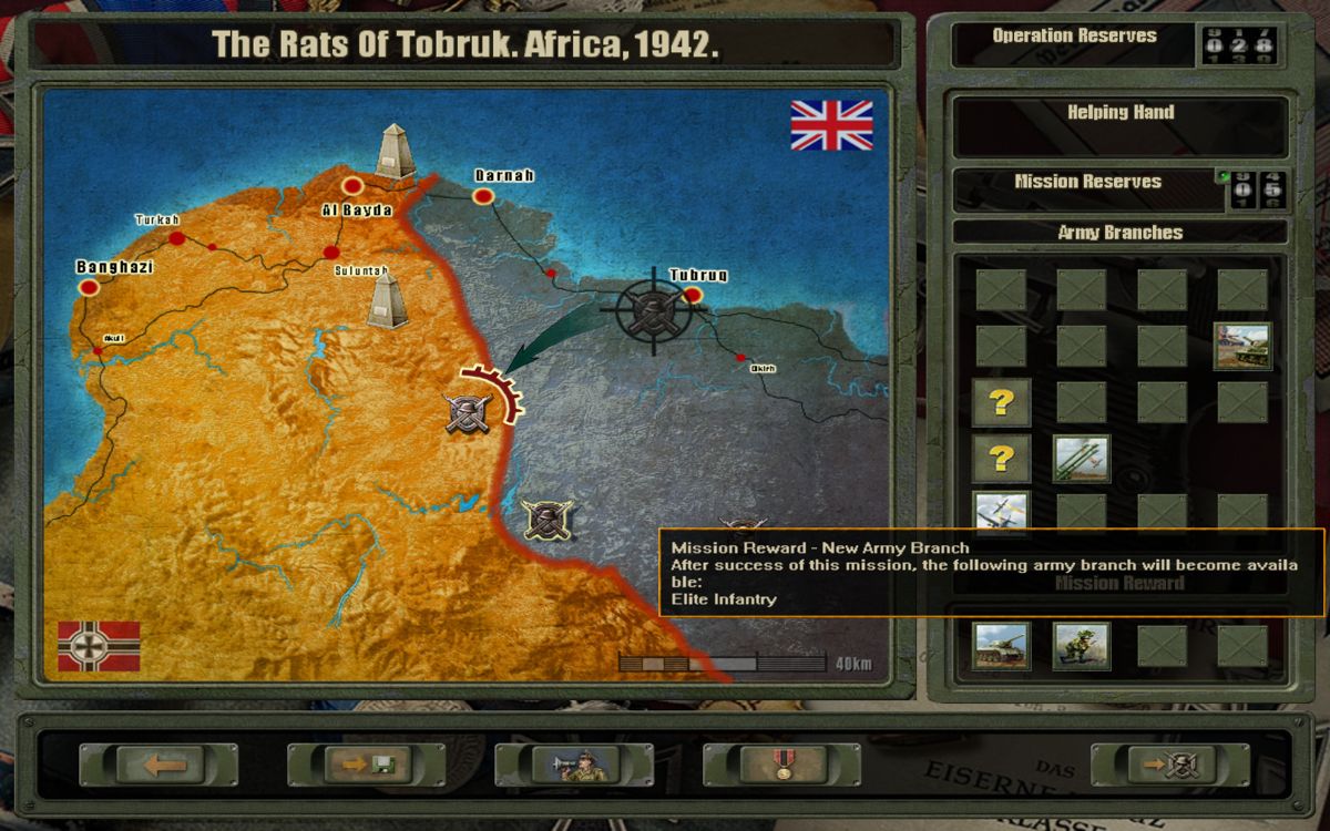 Blitzkrieg 2 (Windows) screenshot: Selecting the next battle screen. To the right there is the available army branches and upgrades. For the chosen battle I'll have to defend.