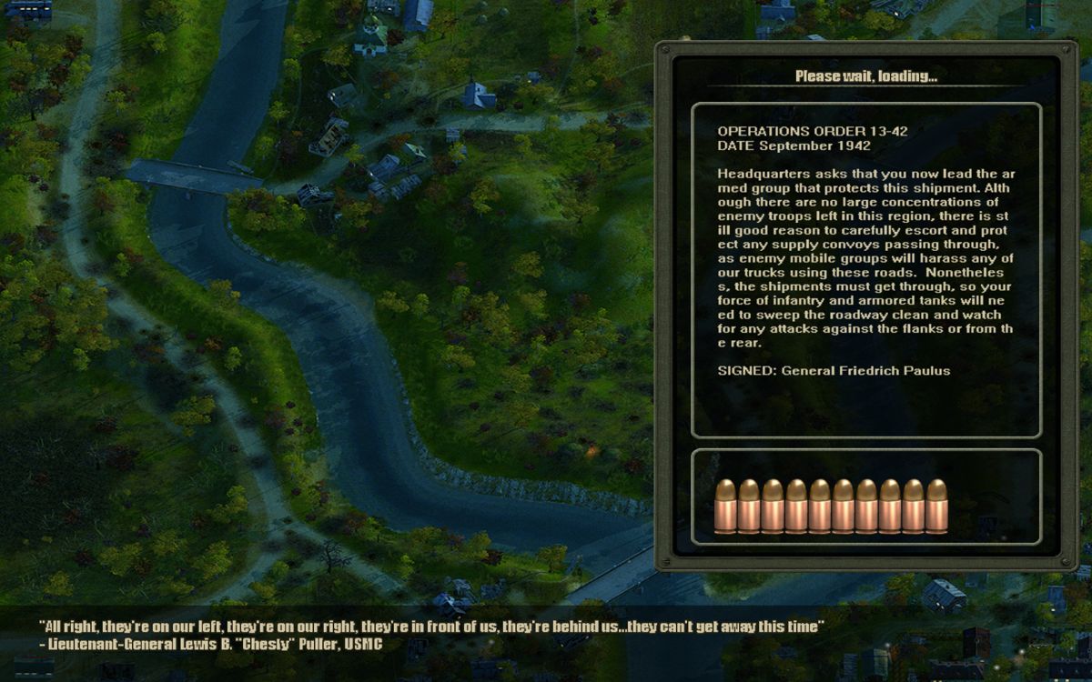 Blitzkrieg 2 (Windows) screenshot: Each map loading screen shows you the objectives, an aerial view of the map and a "famous quotation".