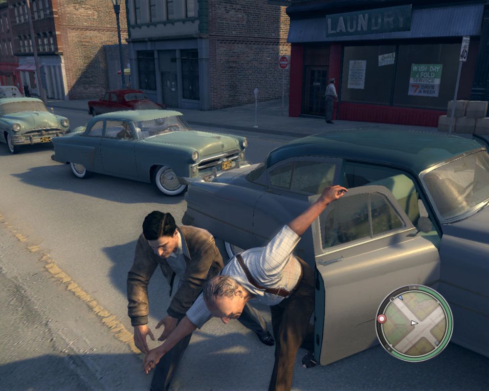 Mafia II (Windows) screenshot: ...which is drag a poor innocent old man out of his car?? Come on, Vito, I understand you were in prison, but you are... err... over-reacting. Take a pill or something