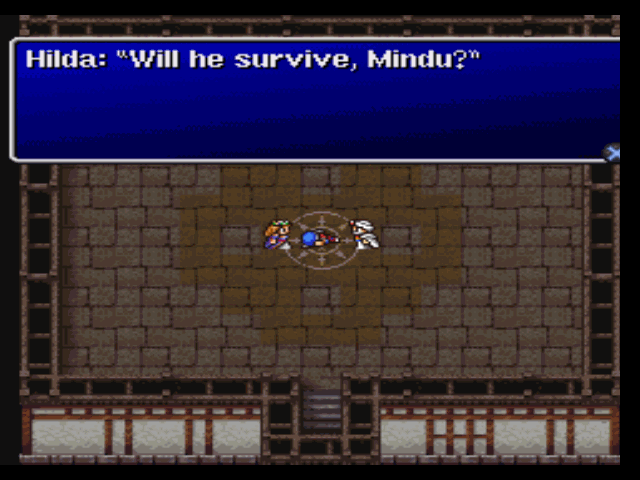 Final Fantasy Origins (PlayStation) screenshot: Final Fantasy II: Princess Hilda and Mindu find Firion unconscious