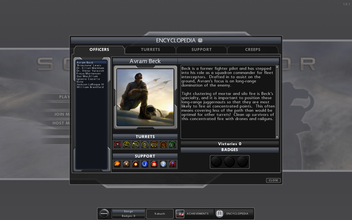Sol Survivor (Windows) screenshot: The in-game encyclopedia has info about almost anything - officers, turrets, support and creeps.