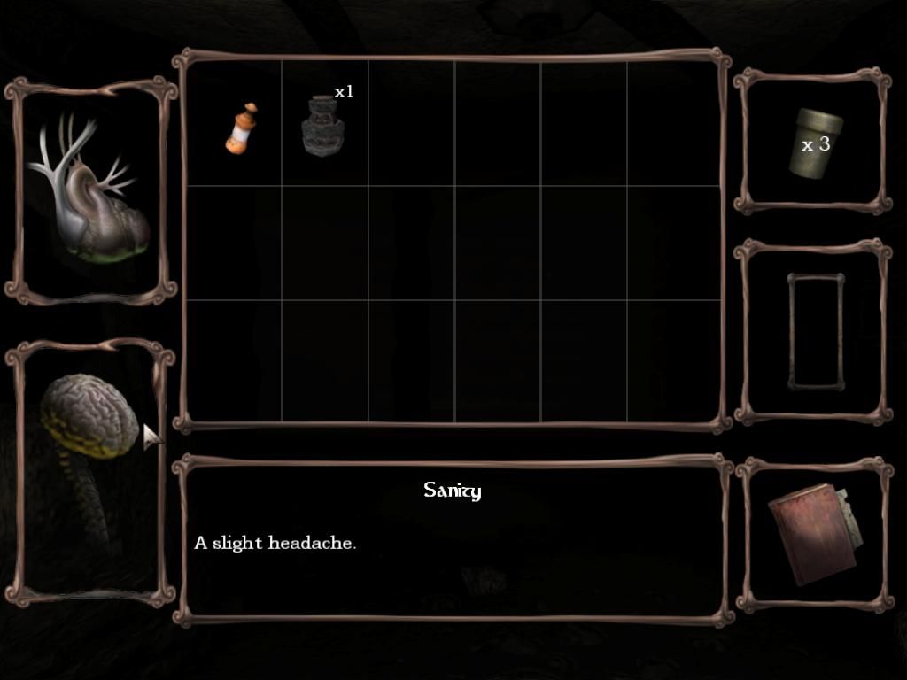 Amnesia: The Dark Descent (Windows) screenshot: The inventory shows your items and lets you check on the status of your sanity and health.